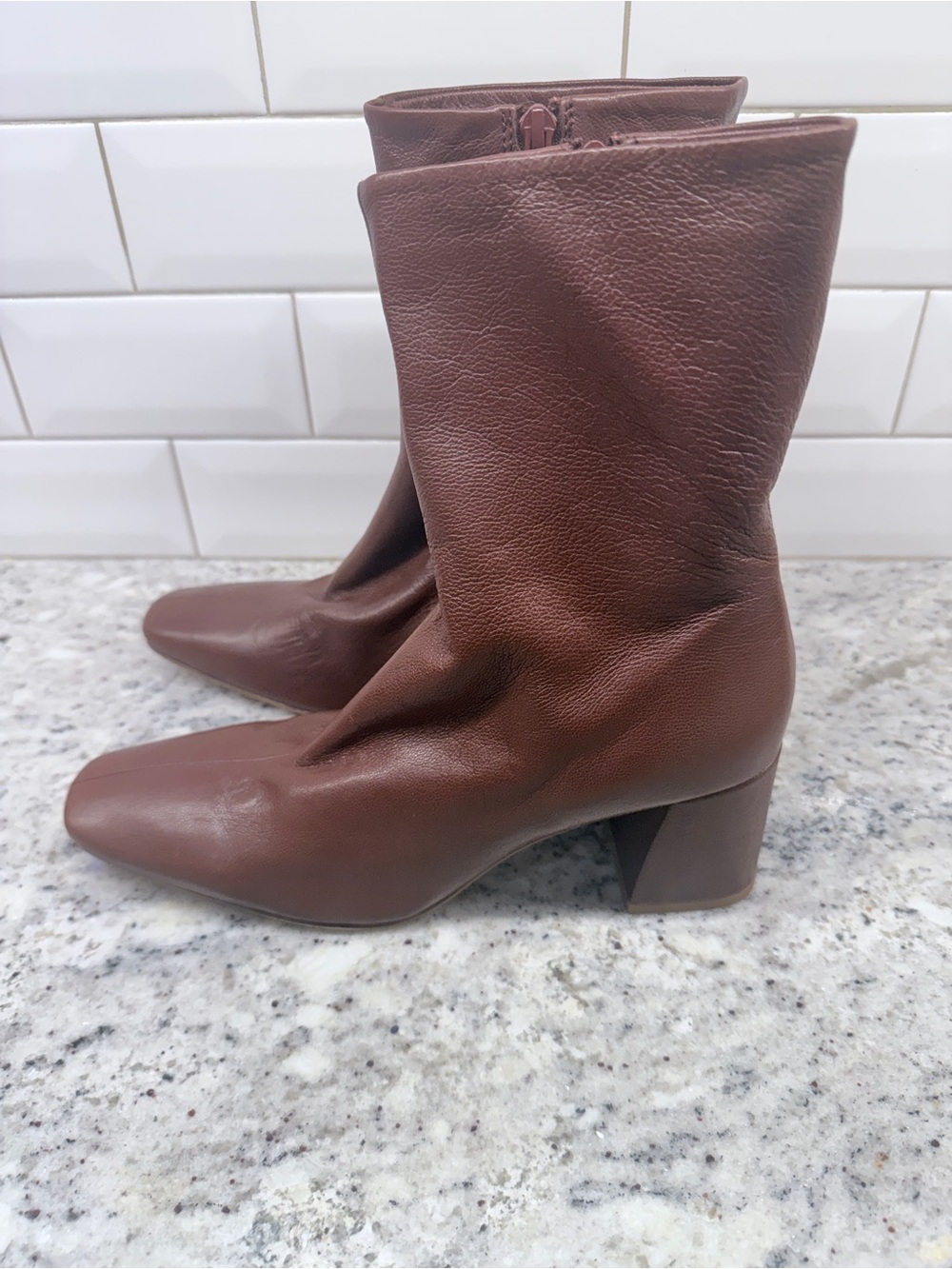 Pedro Garcia Burgundy Leather Mid-Calf Block Heel Boots - Picture 2 of 4